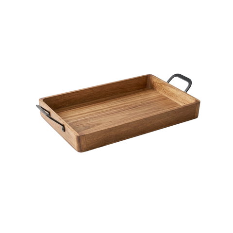 Rectangular Acacia Wood Serving Tray with Single Metal Handle