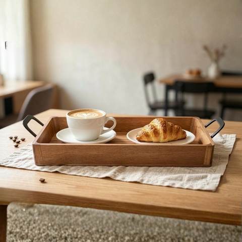 Rectangular Acacia Wood Serving Tray with Single Metal Handle