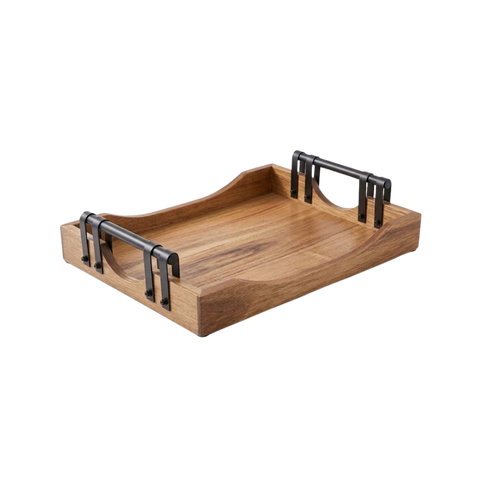 Rectangular Acacia Wood Serving Tray with Metal Handles (Small)