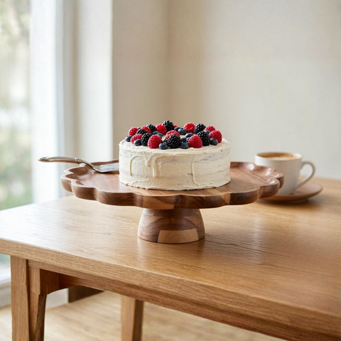 Cake Stand with Wooden Base and Scalloped Edges