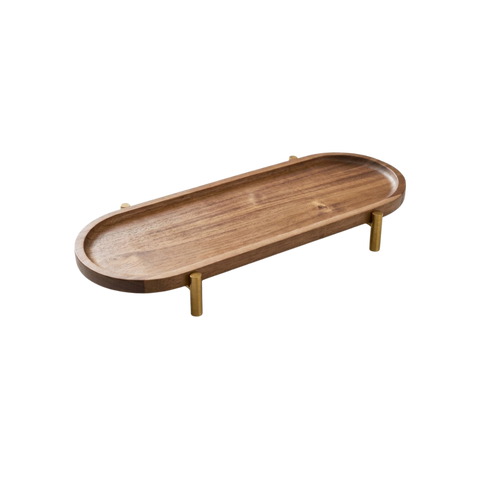 Oval Acacia Wood Serving Tray with Gold-Tone Legs (Large)
