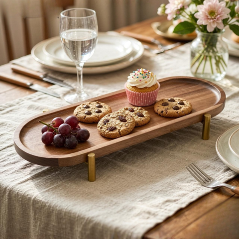 Oval Acacia Wood Serving Tray with Gold-Tone Legs (Large)