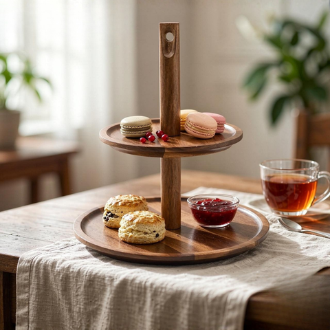 Two-Tier Round Wooden Serving Tray