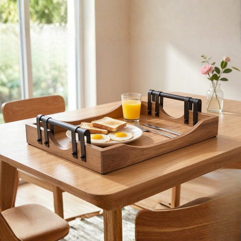 Rectangular Acacia Wood Serving Tray with Metal Handles (Small)