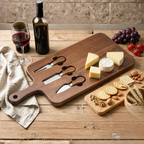 Wooden Cheese Board with 3 Cheese Knives