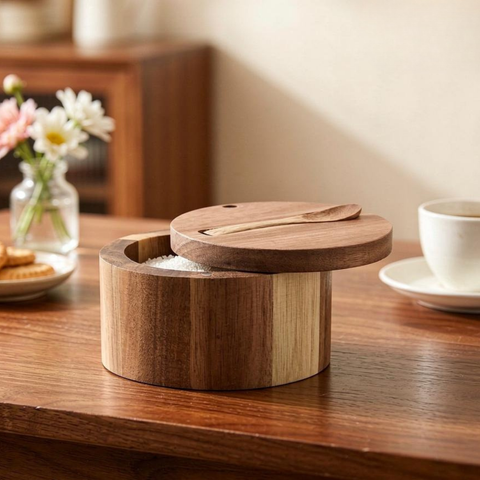 Wooden Spice Jar with Lid and Spoon