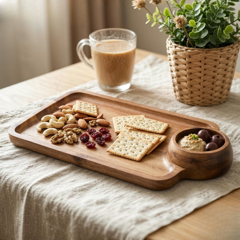 Acacia Wood Serving Tray with Integrated Side Bowl