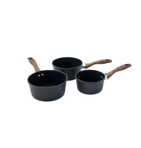 طقم كسرول | 3 أحجام | لون أسود – يد خشبية