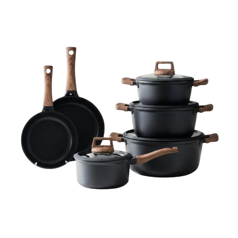 Granite Cookware Set | Layla Model | 10 Pieces | Black and Wood