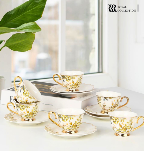 Royal Victoria Tea Cups with Foot | Set 6 Pieces | Olive