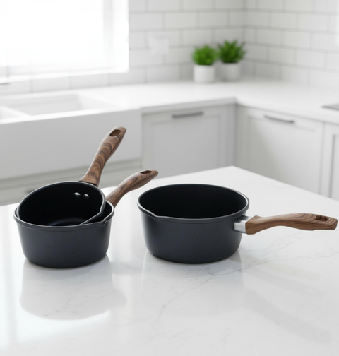 طقم كسرول | 3 أحجام | لون أسود – يد خشبية