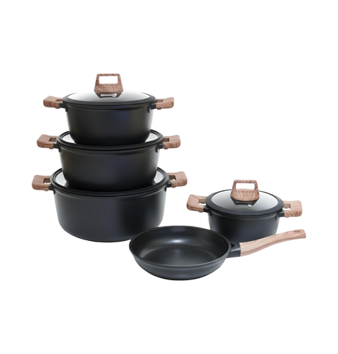 Granite Cookware Set | Layla Model | 9 Pieces | Black with wood